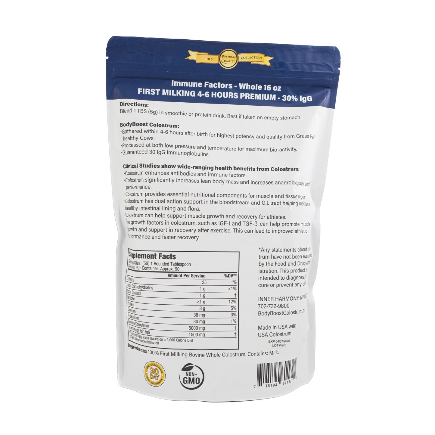 BodyBoost Premium Whole Colostrum 4-6 hours milking 30% Minimum IgG